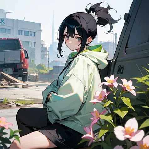 girl、black hair、ponytail、hoodie、sit、truck、flower、ruins