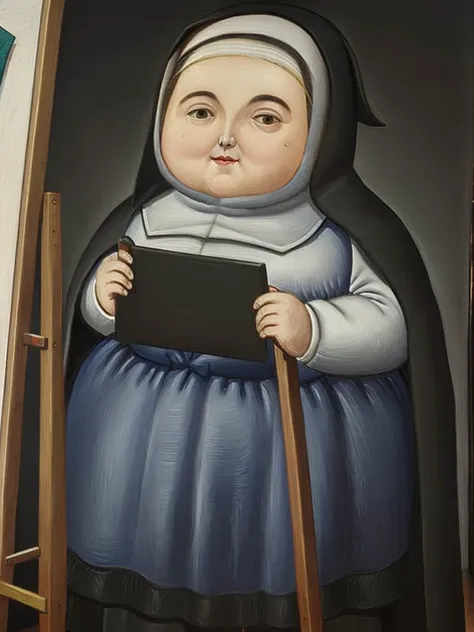 gquality, botero, nun, lined up with a large easel beside