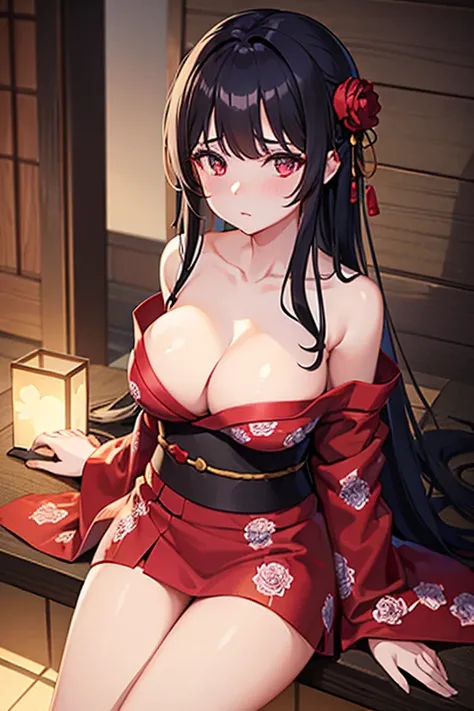 1girl, yukata, bare shoulder, bare neck, big breasts, cleavage, long hair, black hair, ruby eye, red yukata, floral print, 1rose hair pint,