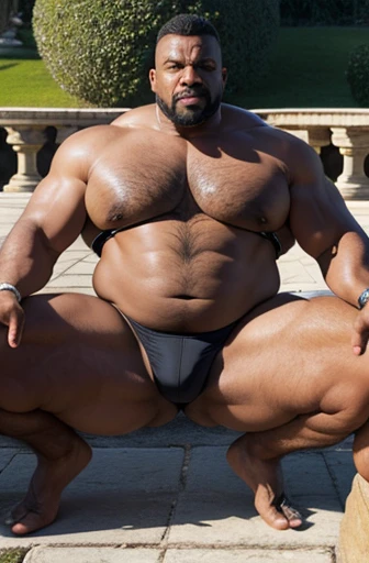  an extremely muscular and extremely fat nubian over 70 years old ,de mas de 400 libras de peso,con pectorales muy grandes con pezones muy grandes y puntiagudos,  with muscles flexed, culturista,de cabello largo y ondulado, in an outside garden of a Floren...