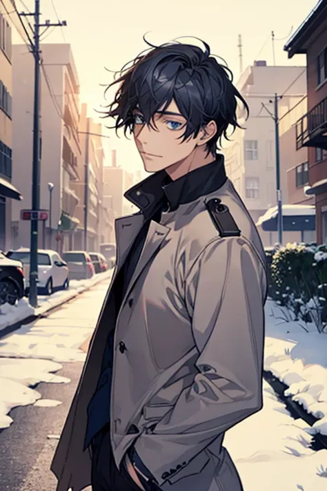 masterpiece, highest quality, disorganized, male,dark blue hair,,there&#39;s no one behind me,sharp dark blue eyes,trench coat,snow scene,dark blue eyes,quiet,Calm,soft smile