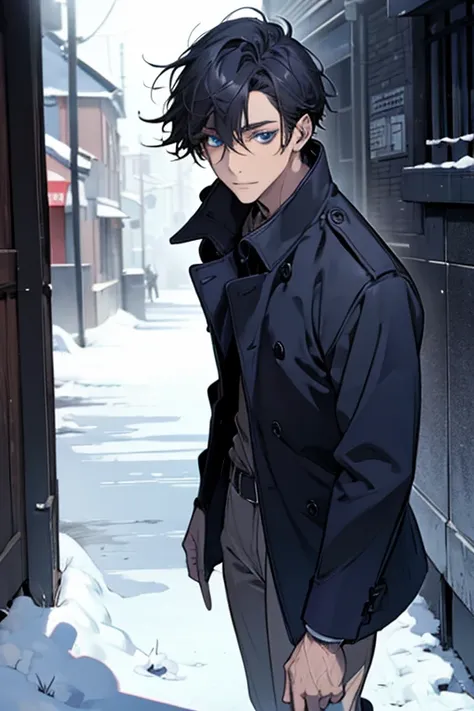 masterpiece, highest quality, disorganized, male,dark blue hair,,there&#39;s no one behind me,sharp dark blue eyes,trench coat,s...