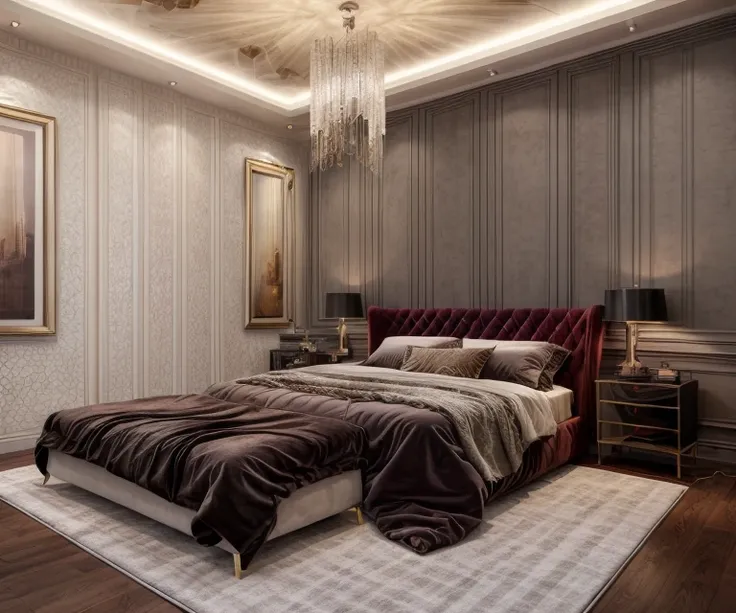 luxurybedroom,luxury, bed, rug, cozy lighting from chanderlier, (flat ceiling)