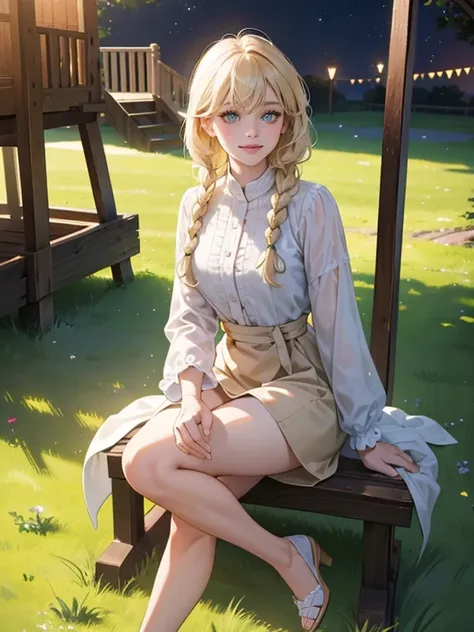 mature woman, medium breasts, Light blonde hair with bangs, hairstyle: side braids, bright green eyes, Pink lip color, Smiling happily at the audience, surrealism, anime style, Depth of the bounds written, 8K, Super detailed, advanced details, cinematic li...