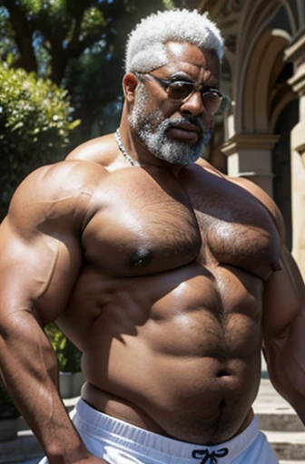  an extremely muscular and extremely fat silver haired African American man over 70 years old ,de mas de 400 libras de peso,con pectorales muy grandes con pezones muy grandes y puntiagudos,  with muscles flexed, culturista,de cabello largo y ondulado, in a...