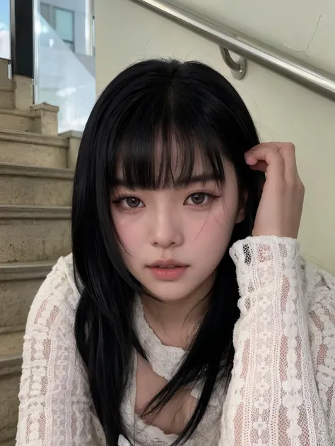 Arafed Asian woman with long black hair sitting on stairs., she has black hair con flequillo, Jaeyeon Nam, ulzzang, peinado de corte hime blanco, korean symmetrical face, pelo cortado hime negro, joven y adorable rostro coreano, pale korean adorable face, ...