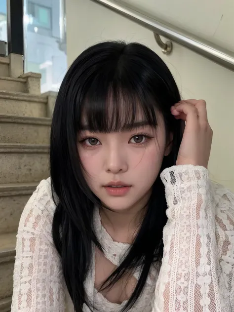 Arafed Asian woman with long black hair sitting on stairs., she has black hair con flequillo, Jaeyeon Nam, ulzzang, peinado de corte hime blanco, korean symmetrical face, pelo cortado hime negro, joven y adorable rostro coreano, pale korean adorable face, ...