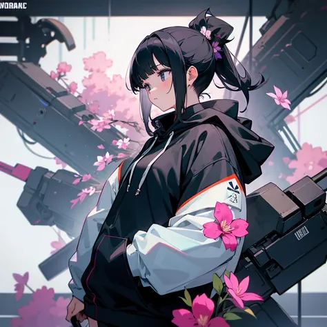 girl、black hair、ponytail、hoodie、mechanical、flower