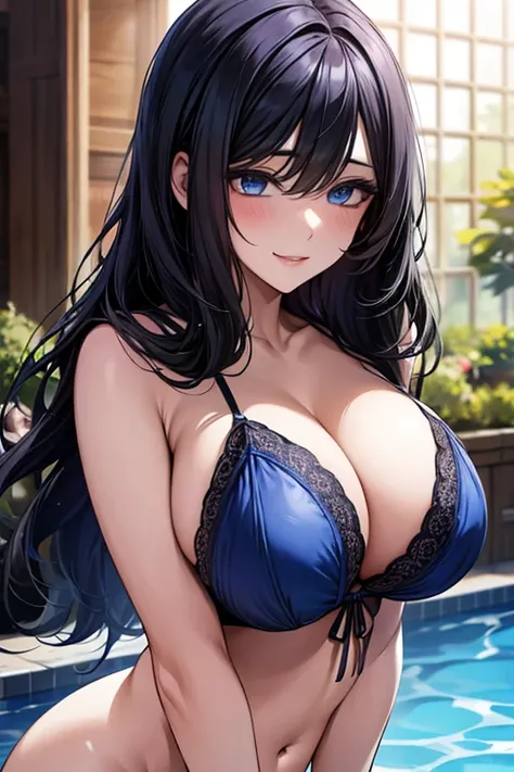 (((Black hair))), long hair, blue eyes, sexy, large breasts, beautiful body, masterpiece, smile, (((blue lingerie))), sexy lingerie, hotel swimming pool,busty, buxom, curvy, voluptuous