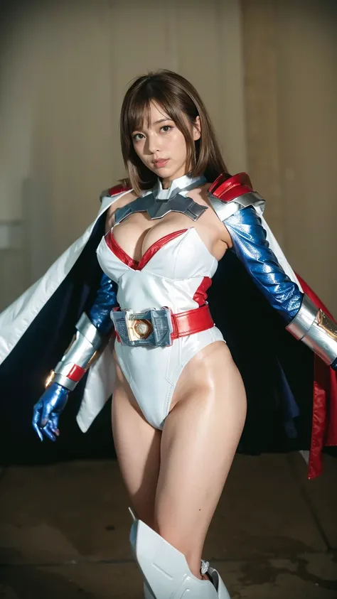 A woman wearing a Power Girl style Kamen Rider Majid costume、26 years old、Beautiful bare legs、brown hair、Outside honey medium bob hair、High resolution、8K、dull smile、erotic、beautiful feet、white micro bikini armor、shoulder metal armor、blue metal boots、red cl...