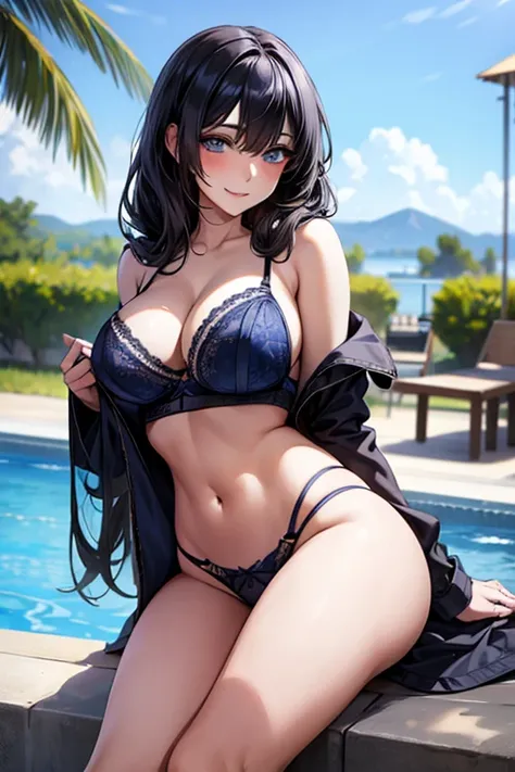 (((Black hair))), long hair, blue eyes, sexy, large breasts, beautiful body, masterpiece, smile, (((navy lingerie))), sexy lingerie, hotel swimming pool,busty, buxom, curvy, voluptuous