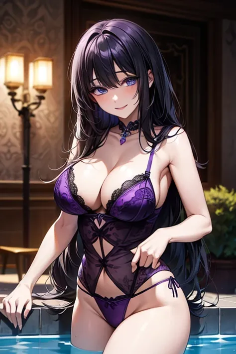 (((Black hair))), long hair, blue eyes, sexy, large breasts, beautiful body, masterpiece, smile, (((purple lingerie))), sexy lingerie, hotel swimming pool,busty, buxom, curvy, voluptuous