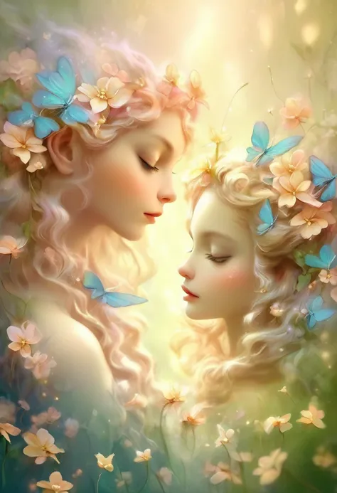 photo of twin fairies facing each other, She is holding a small washer-weed flower in her long hair...., beautiful digital illustrations, Beautiful artwork illustration, amazing digital illustrations, beautiful digital artwork, Sounds influenced by Anna Di...