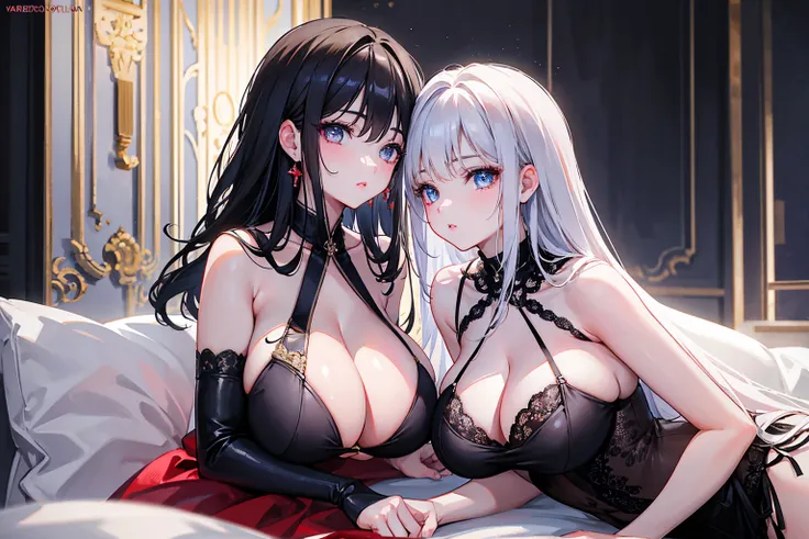 Two girls kissing，Unparalleled masterpiece, Side light, Exquisite and beautiful eyes: 1.2), ultra-actual 8k CG, perfect work of art, Upper body, shiny hair, glowing eyes, skin shiny, actual, 3D face, Lower chest, huge breasts, perfect female figure, aldult...