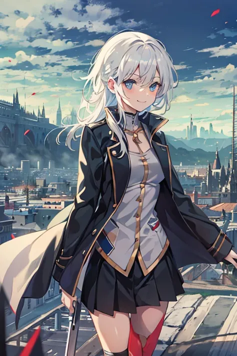 woman,one person,alone,like a game poster,white hair,black shirt,overcoat,smile,Looking at the view,Two finger affair,((sharp)),Excellent clear picture,Cool outfit,Young age,quality,vintage anime lines