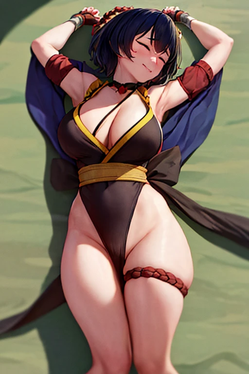 masterpiece, best quality, beautiful art, high resolution, well formed hands, body and fingers, 1 woman, solo, Xiangling , big breasted, cleavage, full body, wearing a Iroha Samurai Shodown outfit, hair ornament, gorgeous legs and thighs, maid, sexy Japane...