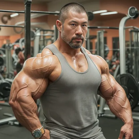 (Looking at own bicep:1.4), (one or two bodybuilders:1.4), (tank top:1.4), (at gym:1.4), 40s, Japanese man, manly face, fat face, (round face:1.4), (monolid eyes:1.2), (buzz cut:1.4), very large and strong body, bulky body, beefy muscles, (bulging muscles:...