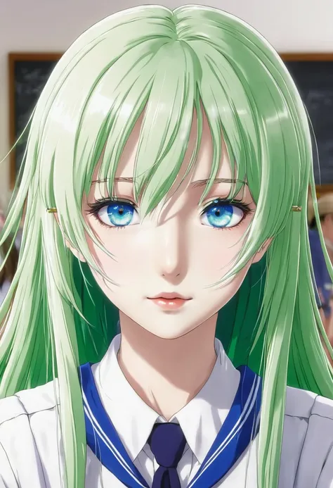 Anime girl with blue eyes, long green hair, and white hair with school uniforms with her friends   