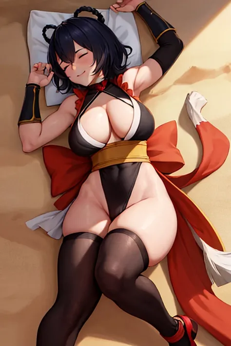 masterpiece, best quality, beautiful art, high resolution, well formed hands, body and fingers, 1 woman, solo, Xiangling , big breasted, cleavage, full body, wearing a Iroha Samurai Shodown outfit, hair ornament, gorgeous legs and thighs, maid, sexy Japane...