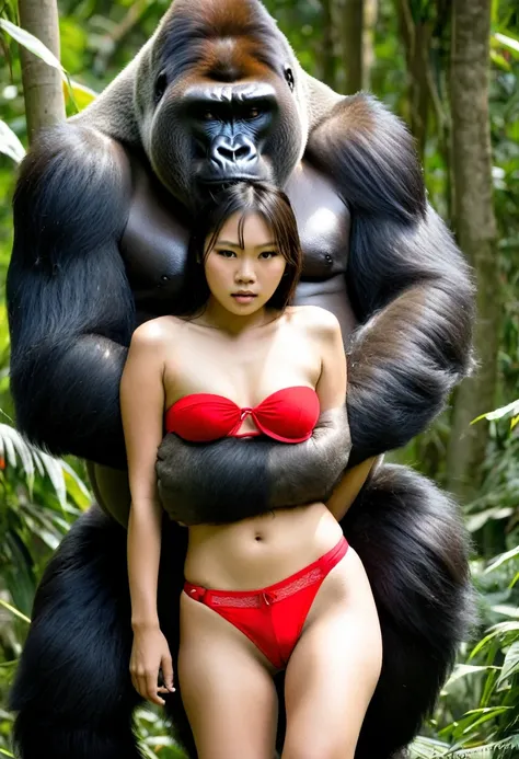 giant gorilla monster  carries  faint limp  topless beautiful red thong asian teen girl in his arms embrace damsel in distress