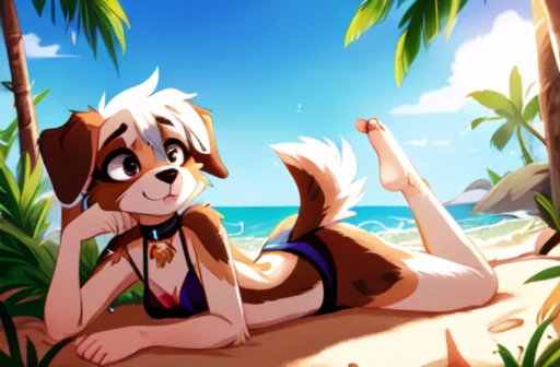 Beach, ((by swaybat)), Furry, ((Australian Shepard)), (solo), ((slender)), dark fur, white hair, ((teen)), ((female)), (black mascara, ear ring, tight choker, short tail, shaking motion lines), bikini, (lying on stomach, butt raised, face down)