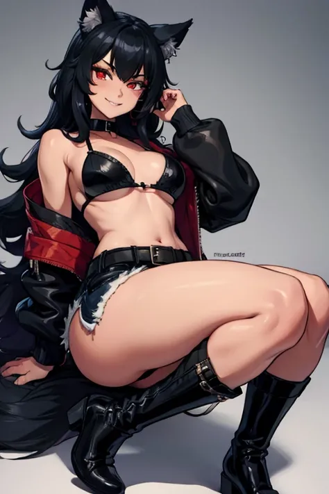 female, black long hair, red eyes, dark skin, black wolf ears, black wolf tail, (((1girl))), (((black leather bra))), (metal collar), (black short shorts), (black belt), (black boots), cute and sexy, huge breasts, huge butt, full body, long legs, smiling, ...