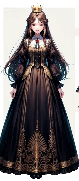 (long dress, embroidery, ribbons, bows, jewelry, crown, has long brown hair, green eyes