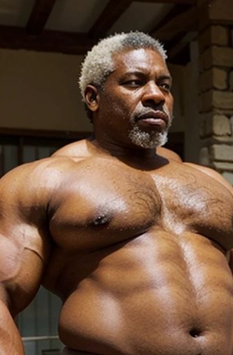  a very old sweaty african american man with silver hair extremely muscular and extremely fat over 70 years old ,de mas de 600 libras de peso,with very large and very flaccid pectorals with very large and pointed nipples,  with muscles flexed, culturista,d...