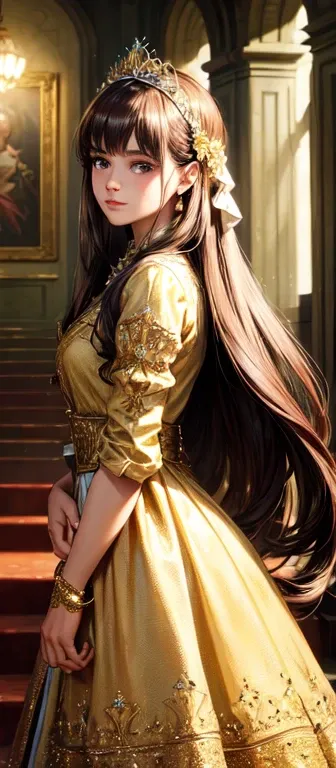 (best quality, realistic), a girl wearing a long dress adorned with intricate embroidery and delicate ribbons and bows. She is also wearing elegant jewelry, including a sparkling crown. Her long brown hair flows down her back, complementing her enchanting ...