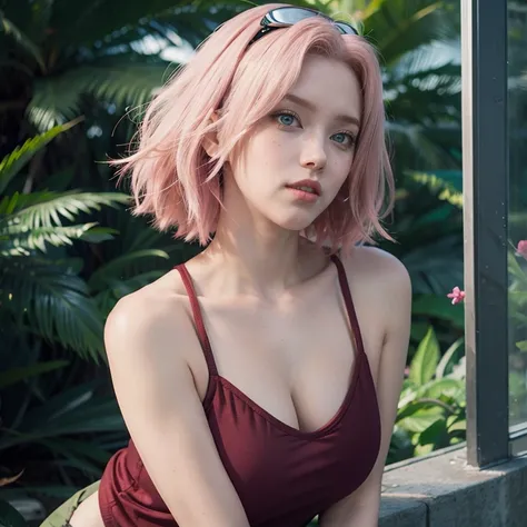 young woman, short shoulder-length pink hair, wide forehead, porcelain skin, pink eyebrows, big emerald green eyes, buttoned nose, full lips, heart-shaped face, slender body, small breasts, red tank top, Sakura Haruno , realistic, realism, details, 3d, wel...