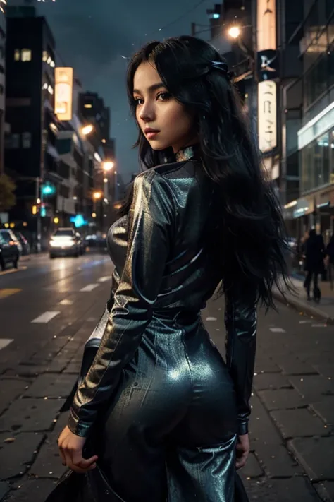 In an urban anime setting, a typical female character that possess an alluring yet practical appearance. Picture her with long, flowing locks resembling a waterfall of midnight silk, cascading down her back with a mesmerizing allure. Her hair, a rich canva...