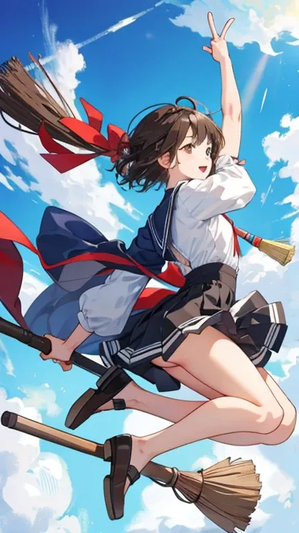 highest quality、masterpiece、8K、Girl straddling a broom、Flying over a Dutch town、black short hair、mini skirt、The wind is blowing up my skirt、Her butt and thighs are completely visible、Her left hand clutched a broom.、Arms raised with right hand making a peac...