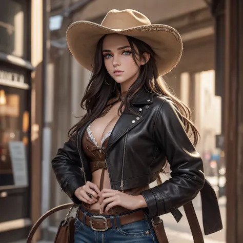 4k ultra hd, Master Meese, best quality, fille avec, beau visage, detailed eyes, Detailed lips, cheveux longs, cheveux raides, Porter un costume de cow-boy, ventre nu,  veste de cuir, chapeau de cowboy, blurred background, matin, Capture de tout le corps,