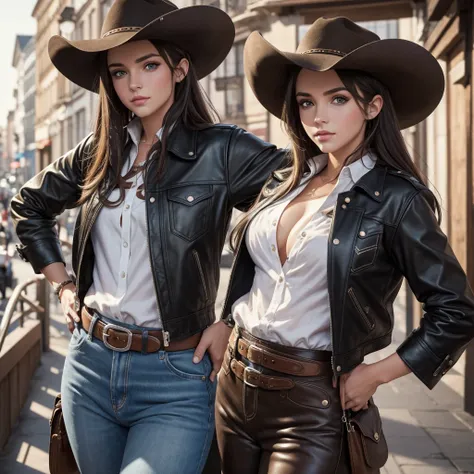 4k ultra hd, Master Meese, best quality, fille avec, beau visage, detailed eyes, Detailed lips, cheveux longs, cheveux raides, Porter un costume de cow-boy, ventre nu, veste de cuir, chapeau de cowboy, blurred background, matin, Capture de tout le corps,