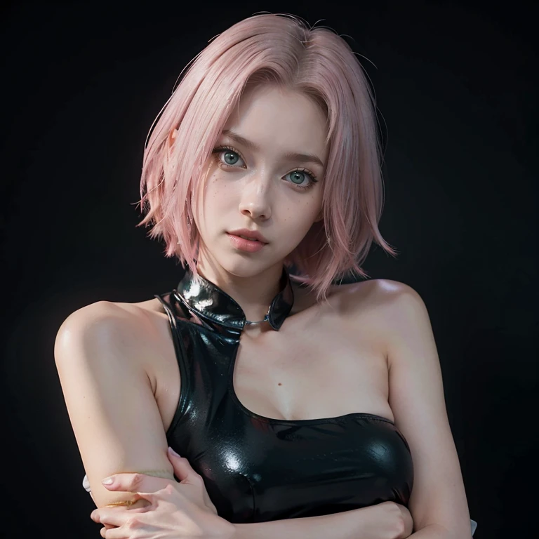 young woman, short shoulder-length pink hair, wide forehead, porcelain skin, pink eyebrows, big emerald green eyes, buttoned nose, full lips, heart-shaped face, slender body, small breasts, red tank top, Sakura Haruno , realistic, realism, details, 3d, wel...