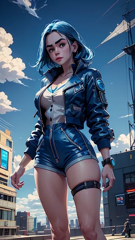 Lily Collins,Tall figure，skin，blue hair locks, Upper body shortedium shorts，buttons，zipper，Complex workmanship，icon，company logo，Emit blue light，background with，future technology，cyberpunk city，，big gear，wind，Blue sky and white clouds，