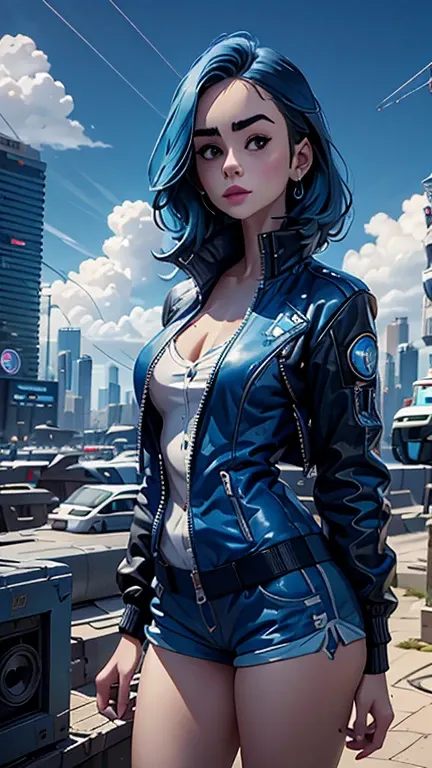 Lily Collins,Tall figure，skin，blue hair locks, Upper body shortedium shorts，buttons，zipper，Complex workmanship，icon，company logo，Emit blue light，background with，future technology，cyberpunk city，，big gear，wind，Blue sky and white clouds，