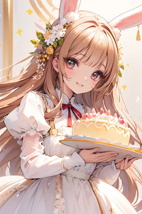 cute face、masterpiece、highest quality、Super detailed beautiful face and eyes、round eyes、long eyelashes、chestnut hair、ribbon in hair、clear color、Brilliant、Lots of cakes、lace dress、Bunny ears、smile