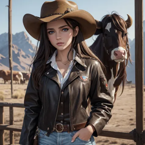 4k ultra hd, Master Meese, best quality, une fille avec, beau visage, detailed eyes, Detailed lips, cheveux longs, cheveux raides, Porter un costume de cow-boy, ventre nu, veste de cuir, chapeau de cowboy, blurred background, matin, Capture de tout le corp...