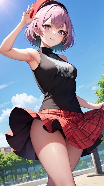 feminine smile ,  flare mini skirt , tanktop , in the park , walking slowly , waving skirt , On a date ,  various poses ,  various angles , ((Angle from below)) , various top and bottom angles