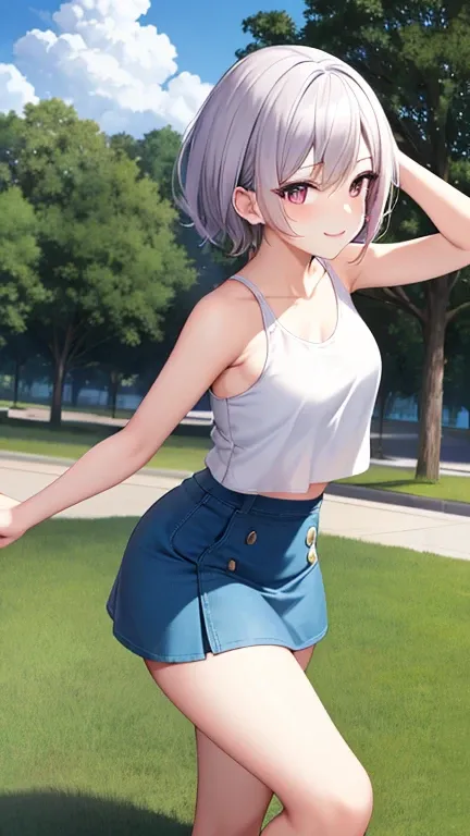 feminine smile ,  flare mini skirt , tanktop , in the park , walking slowly , waving skirt , On a date ,  various poses ,  various angles , ((Angle from below)) , various top and bottom angles