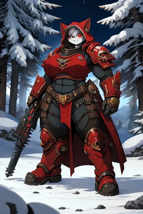 furry female cat with in black and scarlet armor,a half dressed space marine in a hood and a closed helmet, + scarlet eyes with gray hair, plump + with an army of space marine soldiers + space, rides a tank in a snowy forest, + fog + anime, huge muscled fu...