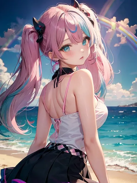 sandy beach、Asahi、thick thighs、big butt、 (alone:1.5,)Super detailed,bright colors, very beautiful detailed anime face and eyes, look straight, shiny_skin,girl,  (((rainbow colored hair, colorful hair, Half black、half pink hair: 1.2))) 、forehead is exposed、...