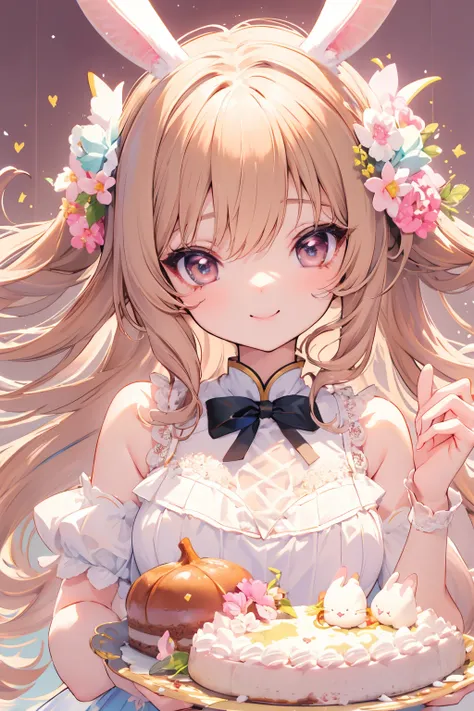 cute face、masterpiece、highest quality、Super detailed beautiful face and eyes、round eyes、long eyelashes、chestnut hair、ribbon in hair、clear color、Brilliant、Lots of cakes、lace dress、Bunny ears、smile、Pastel colored hearts background