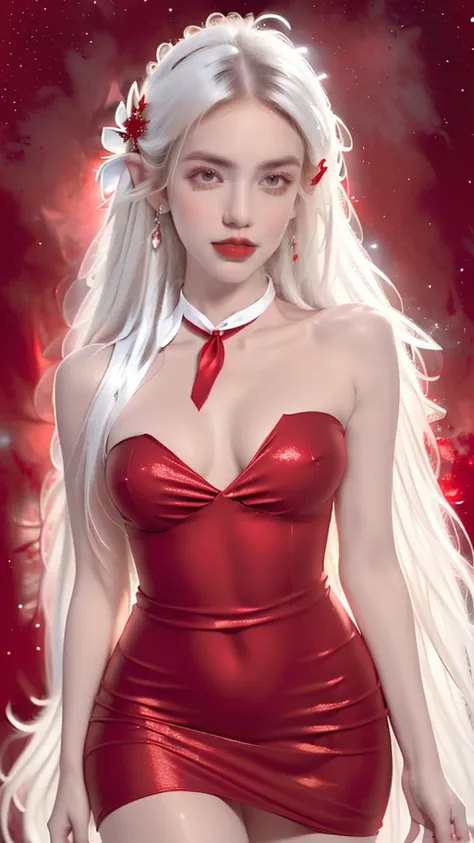 (masterpiece, best quality, Super detailed:1.2), 1 girl, Perfect Curve, (g0ld3mb, Kaneko:1.1), (sparkling galaxy dress:1.1), white long straight hair, tie hair, Wrapped in white silk, (red background:1.2), Elf ears,Wear a bandeau，medium chest