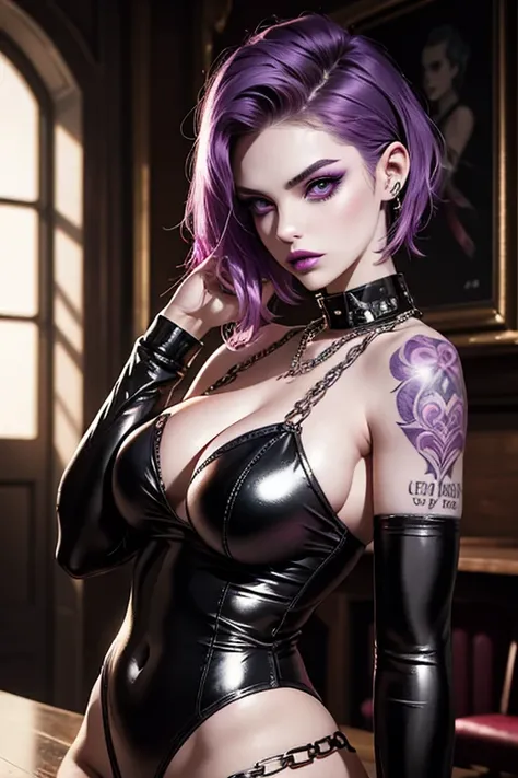 Punk trad goth subculture gothic nerd Girl trad goth makeup punk post punk,a woman in latex, latex brassiere, chain, 18 year old, pale skin, purple hair, purple eyes, sexy expression, in a pub , camera focus on the face, dim light, tattoo, best quality, ul...