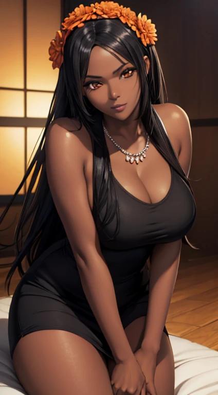 (masterpiece), best quality, expressive eyes, perfect face, black ebony skin, half naked, Black colour tied sleeveless dress, perfect shaped body,long hair, black hair, orange eyes, large breast, black skin, ultra realistic detailed orange eyes, long and o...