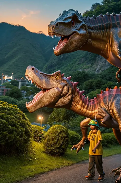 realistic、Wearing a dinosaur headgear、Wearing a flashy suit、realistic夜の新宿の町の中、There are a few passers-by、Landscape、dusk、