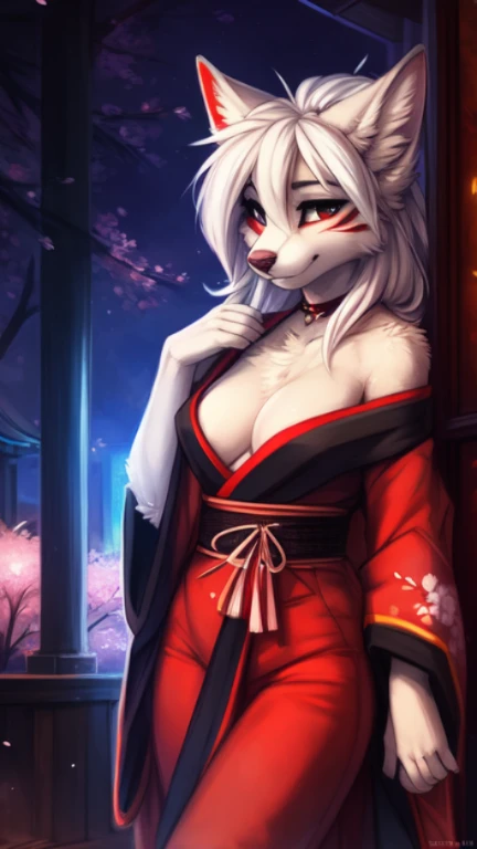 by kenket, Ross Tran, ruan jia, zaush, foxovh, by Zackary911, by hyattlen, by teranen, by fumiko, by Pixelsketcher, by fluff-kevlar, bye r-mk, by Dimwitdog, Furry, Anthro, (geisha), prostitute, (luxurious off-shoulder kimono), female white fox with red mar...