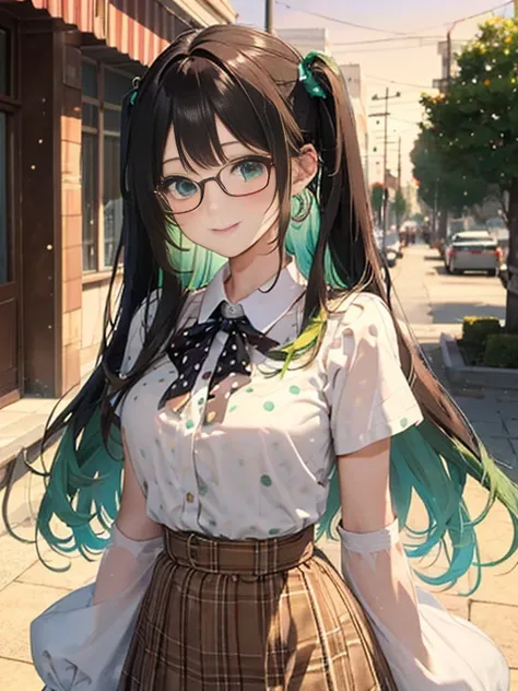 （Glasses）、小さなgirl、The arrival of autumn、big butt、 (alone:1.5,)Super detailed,bright colors, very beautiful detailed anime face and eyes,highest quality, hyper detail, masterpiece, look straight, ;shiny_skin,girl, ((gradient hair, , Half white、Half green ha...